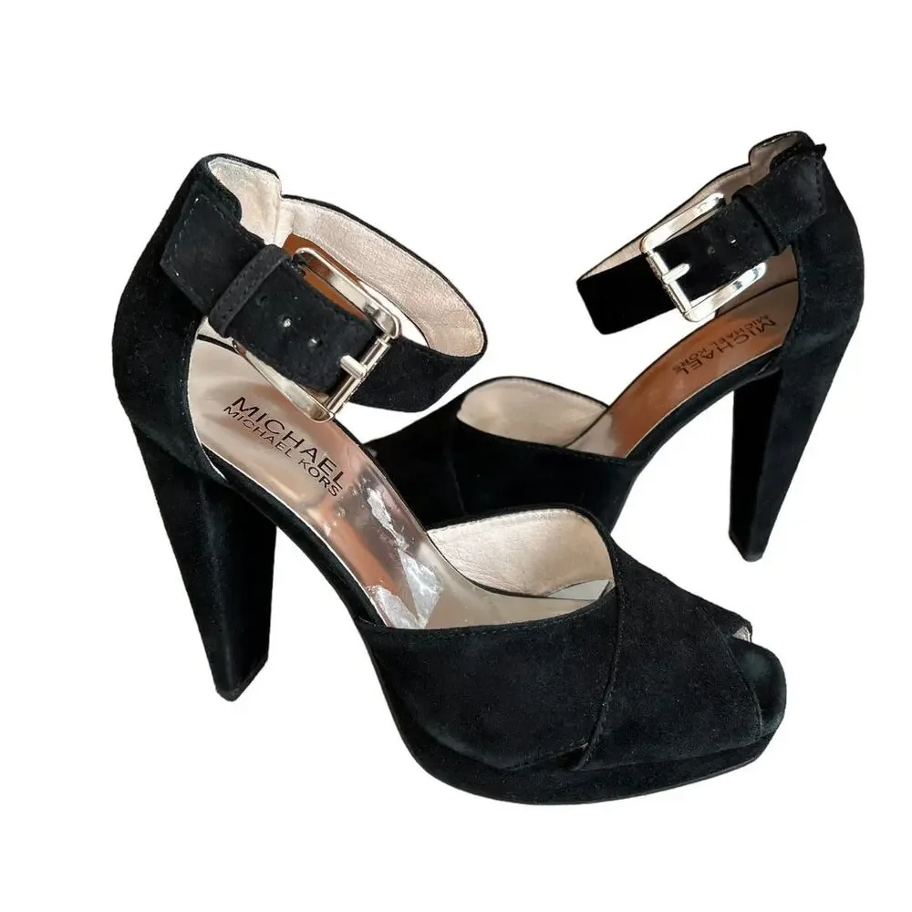 Michael Kors sky high Suede platform Heels Ankle strap detail Black 6.5